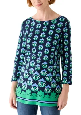 Kim Rogers Women's 3/4 Sleeve Tunic with Tab Boarder, Navy Blue, Large