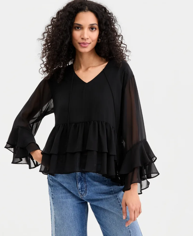 On 34th Women's Long Sleeve Chiffon Ruffle Blouse, Macy's Exclusive - Deep Black