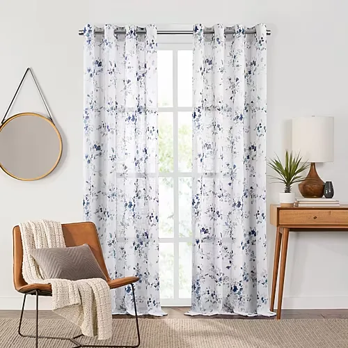 Fieldcrest Arden Watercolor Bouquet Cotton Grommet Top Sheer Single Curtain Panel, One Size, Blue