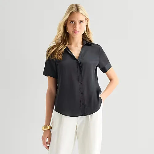 Worthington Womens Cuffed Short Sleeve Regular Fit Button-Down Shirt, X-small, Black