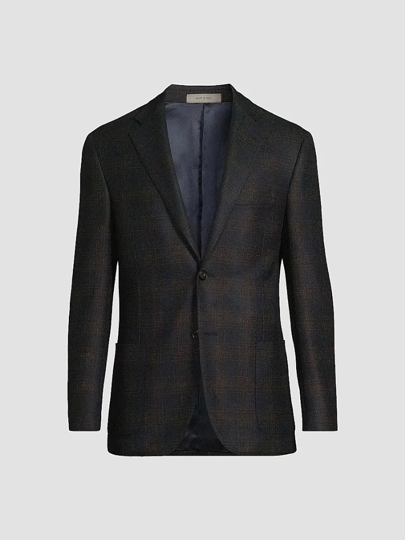 Corneliani Men's Windowpane Wool Single-Breasted Blazer - Navy Brown - Size 44