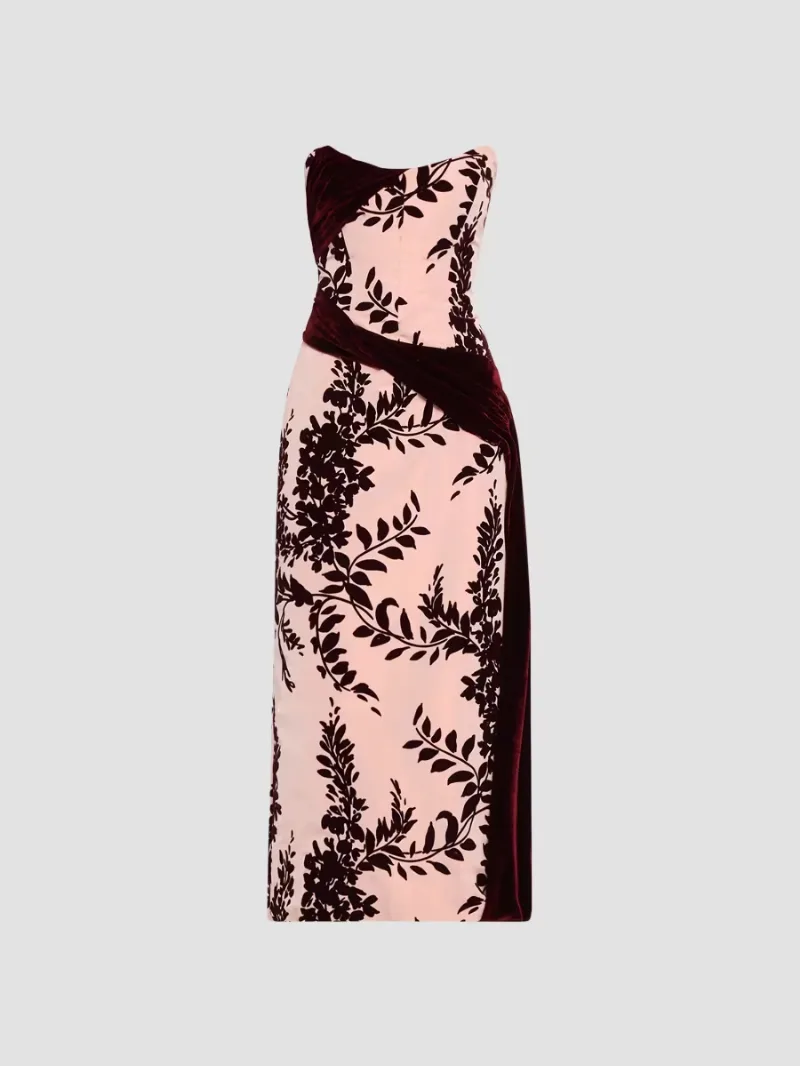 Lela Rose Women's Flocked Taffeta Velvet-Draped Midi Dress - Dusty Rose Oxblood - Size 6