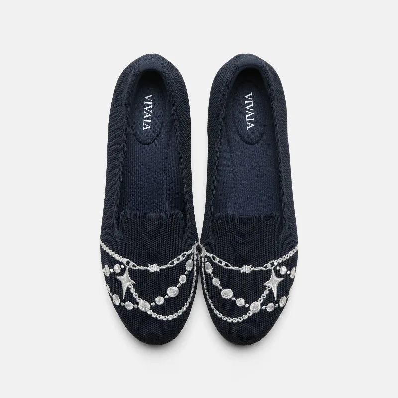 VIVAIA Round-Toe Embroidered Loafers (Audrey)|NAVY - SILVER PEARL|US 7.5