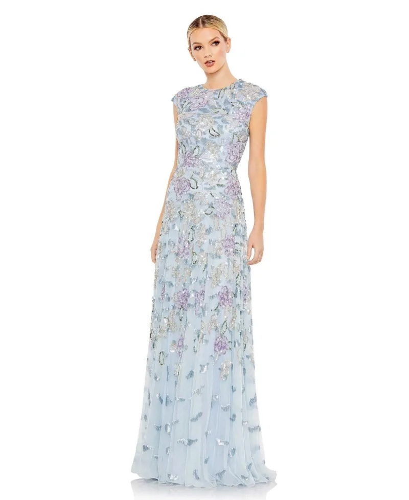 Mac Duggal Women's Sequined High Neck Cap Sleeve A Line Gown - Ice blue multi