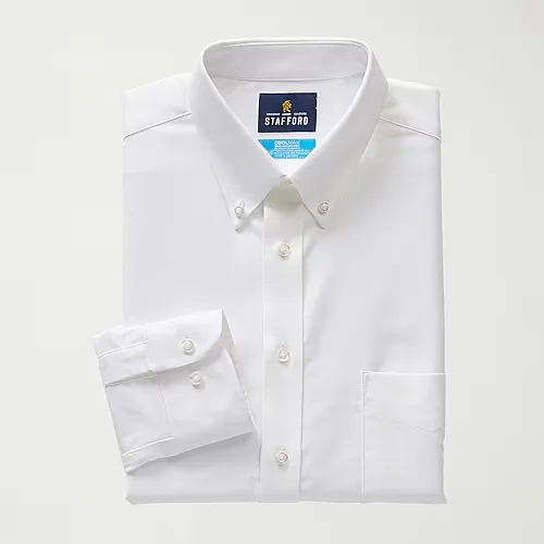 Stafford Big and Tall Coolmax All Season Oxford Mens Button Down Collar Long Sleeve Stretch Fabric Wrinkle Free Dress Shirt, 19-19.5 38-39, White