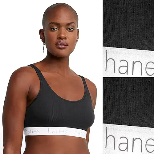 Hanes Originals Ultimate Stretch Cotton Women's Scoopneck Bralette, 2-Pack DHO102, Large, Black