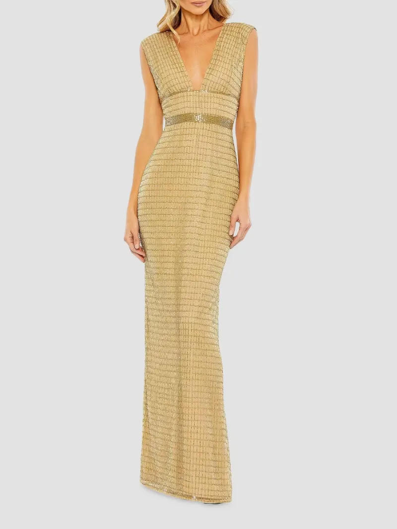 Mac Duggal Women's Beaded V-Neck Column Gown - Gold - Size 14