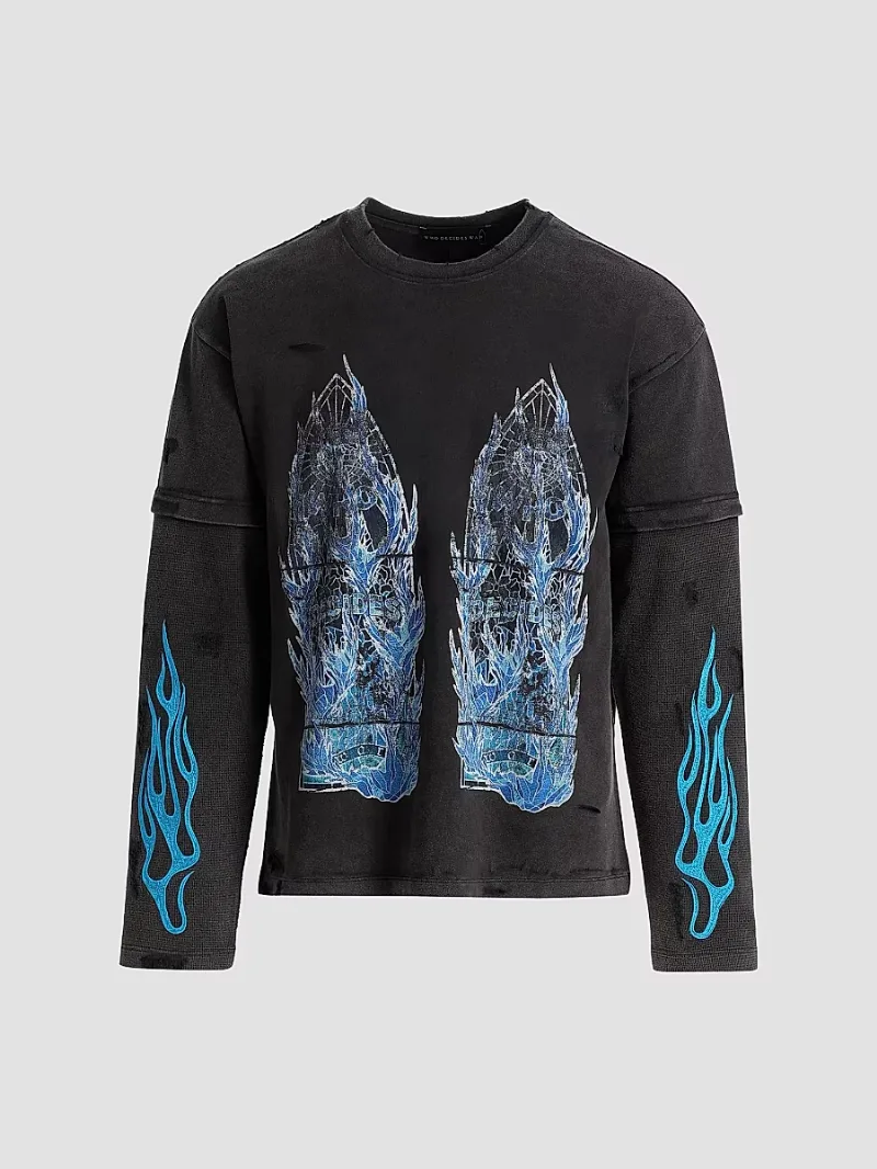 Who Decides War Men's Flame Glass Layered Long-Sleeve Jersey T-Shirt - Coal - Size XL
