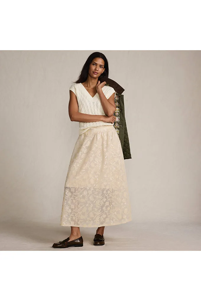 Women's Sequin Lace Mid Rise Midi Skirt - Lands' End - Pink - L