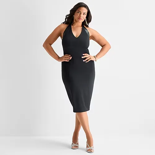 Ashley Graham Womens Plus Midi Halter Neck Sleeveless Bodycon Dress, 18w, Black