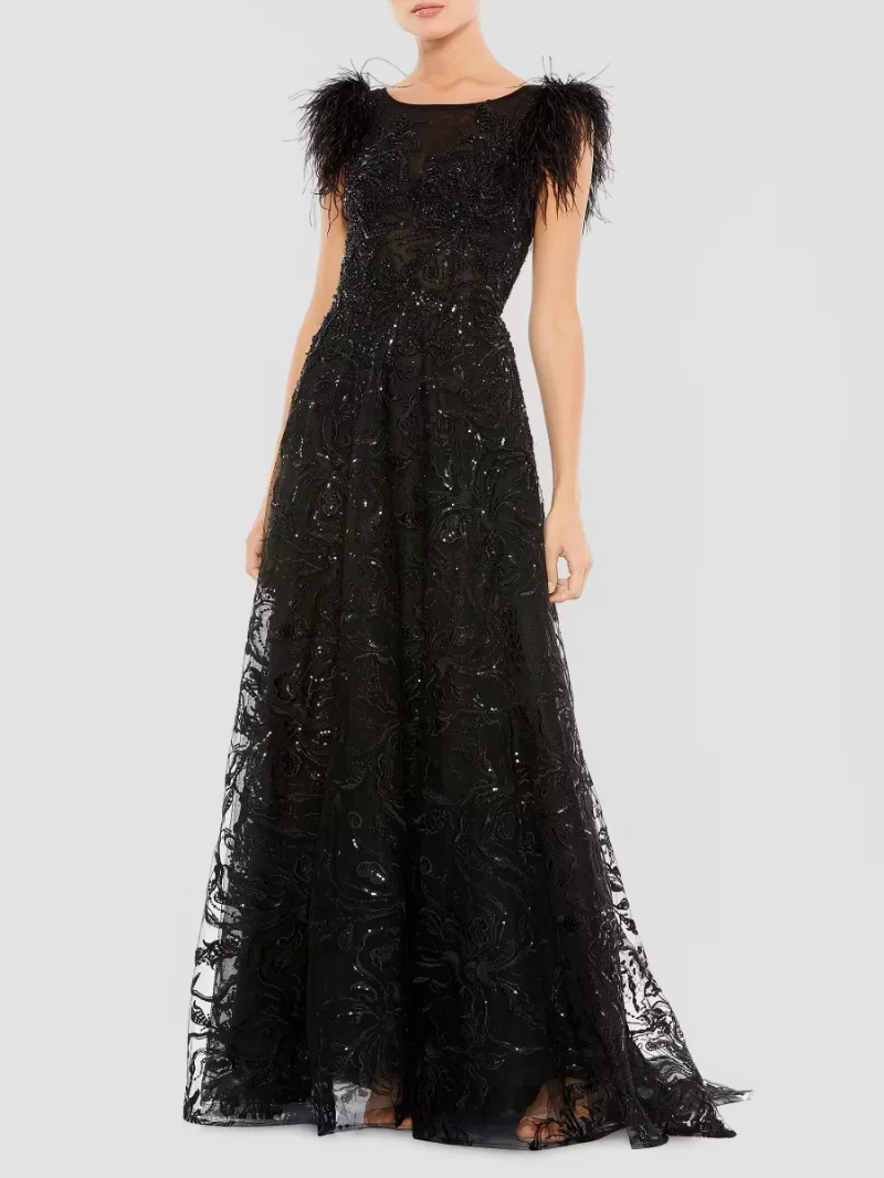 Mac Duggal Women's Feathered A-Line Gown - Black - Size 4