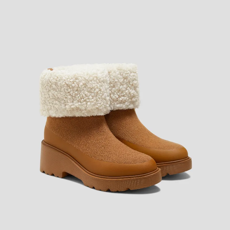 VIVAIA Faux Fur Platform Chunky Wedge Boots (Elaine)|CARAMEL WOOL|US 5