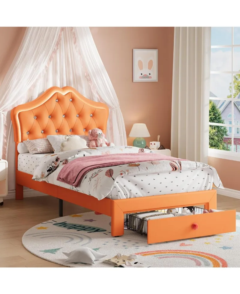 gaomon Twin Velvet Upholstered Platform Bed with Led Lights, Crystal Button Headboard, Storage Drawer, Noise-Free, No Box Spring Needed - Orange