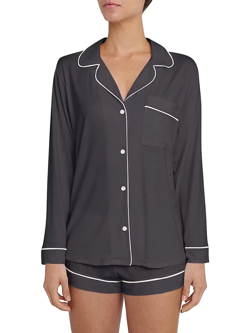 Eberjey Women's Gisele 2-Piece Piped Pajama Set - Graphite - Size Large
