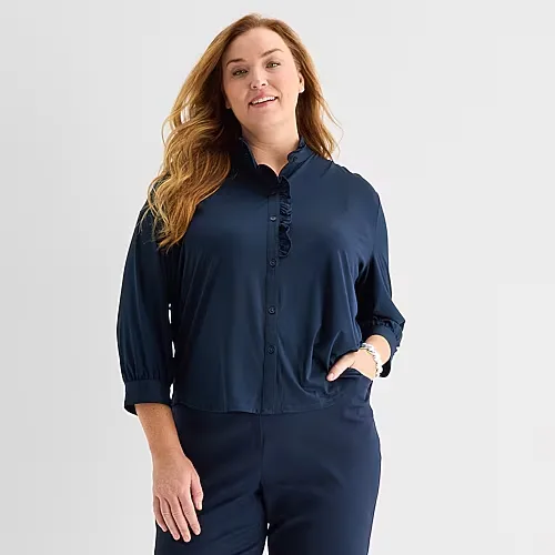 Liz Claiborne Womens Plus Mock Neck 3/4 Sleeve Ruffled Blouse, 2x, Blue