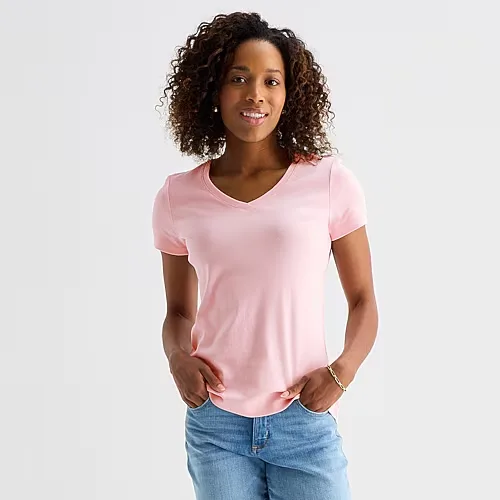 St. John's Bay Womens V Neck Short Sleeve T-Shirt, X-large, Pink