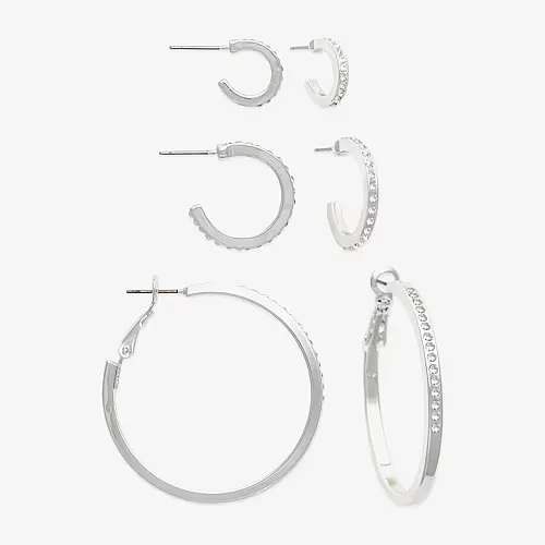 Mixit Womens Glass 3 Pair Earring Set, One Size, Silver