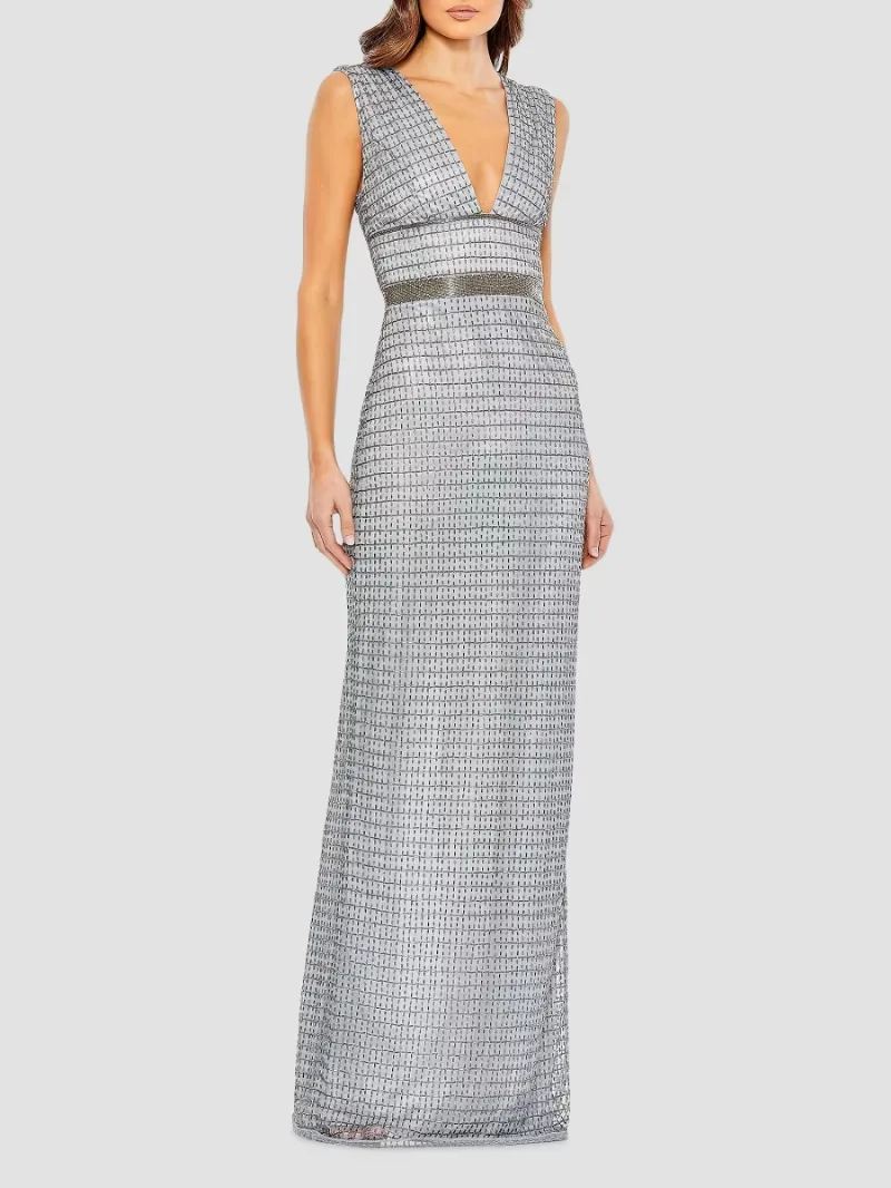 Mac Duggal Women's Beaded V-Neck Column Gown - Silver - Size 10