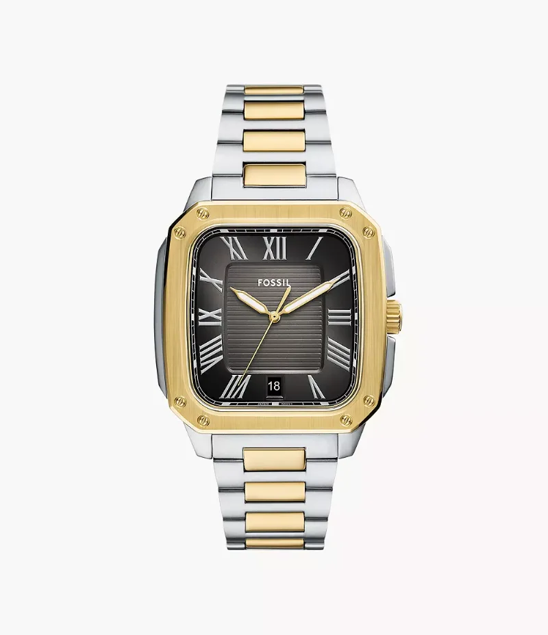 Montre Crosby 42 mm à trois aiguilles avec date en acier inoxydable bicolore