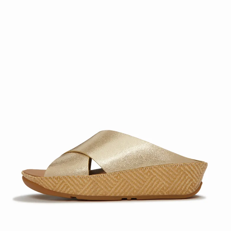 LULU Lux Graphic-Weave Metallic-Leather Cross Slides