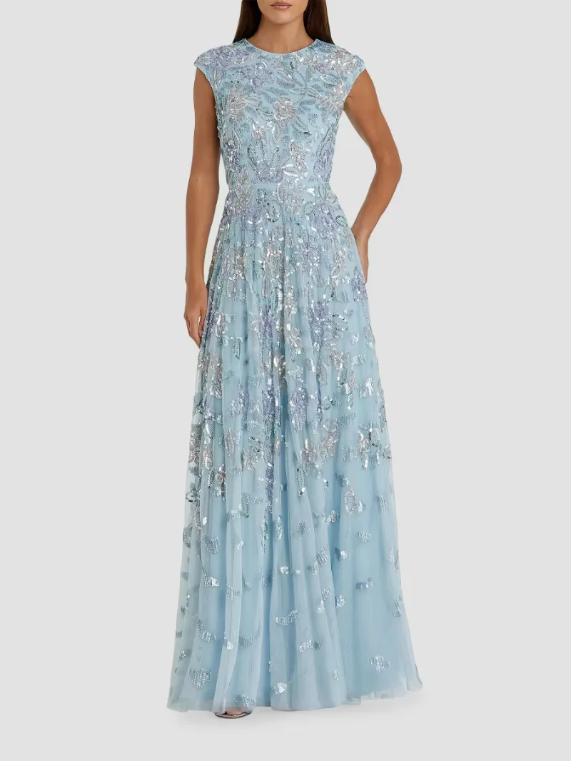 Mac Duggal Women's Evening Sequined Cap-Sleeve A-Line Gown - Ice Blue Multi - Size 12