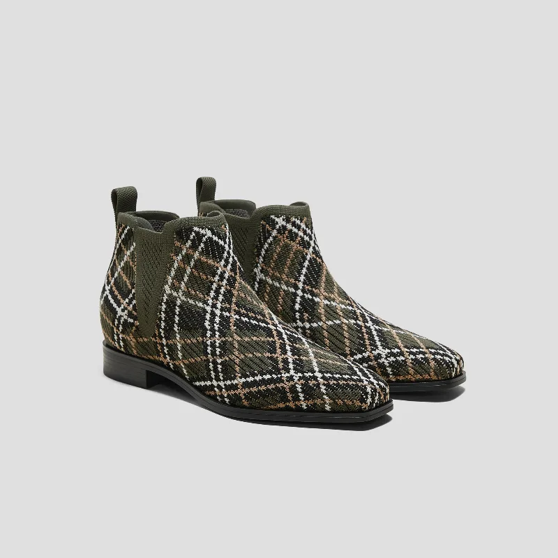 VIVAIA Square-Toe Slip-On Chelsea Boots (Ryan Slip-On)|DARK OLIVE LINED PLAID|US 8.5