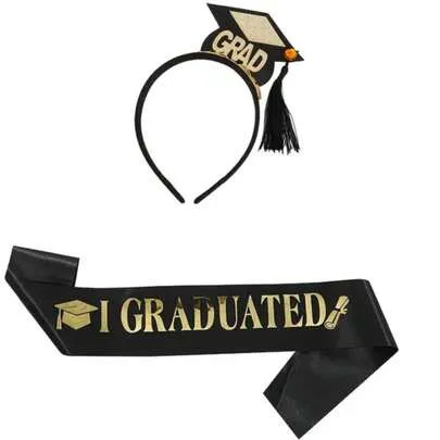 2pcs-Class Of 2025 Graduation Shoulder Strap & 'grad' Headband Set, Party Decoration,Graduation Headband And Shoulder Straps For Congrats Grad Party S