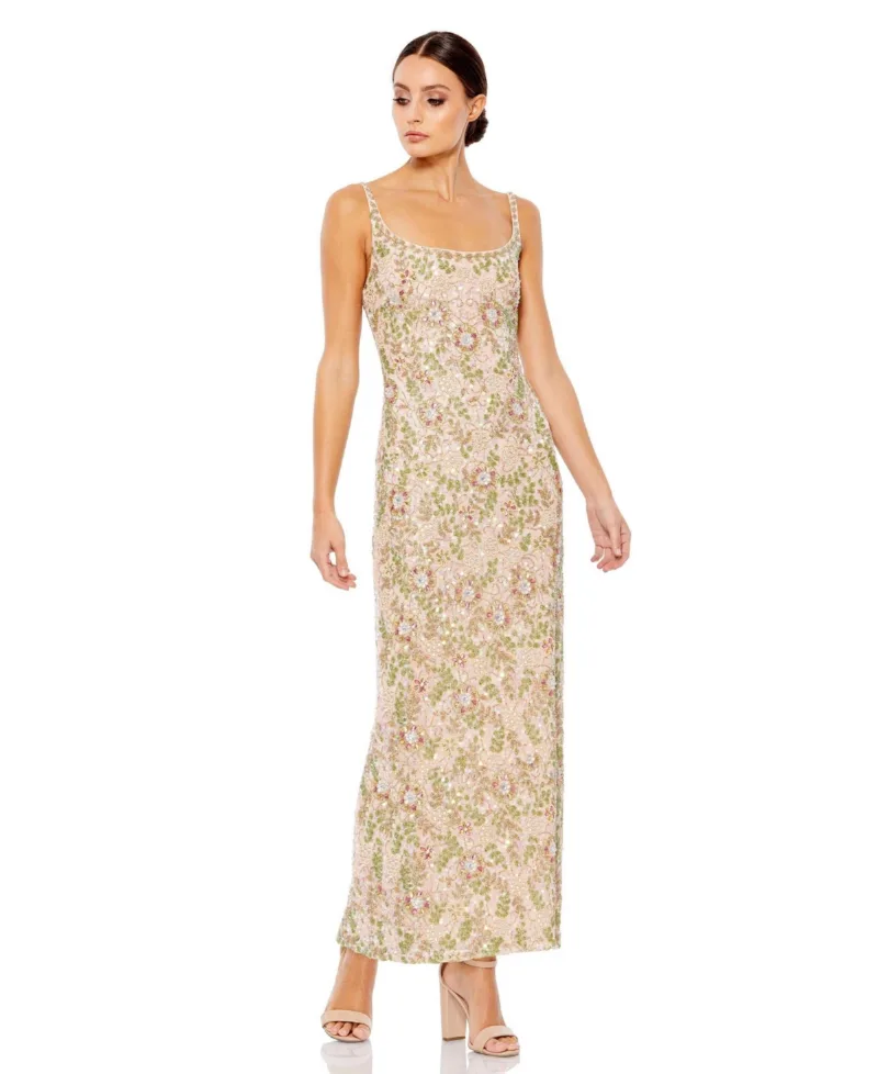 Women's Sleeveless Hand Beaded Floral Midi Dress - Nude multi