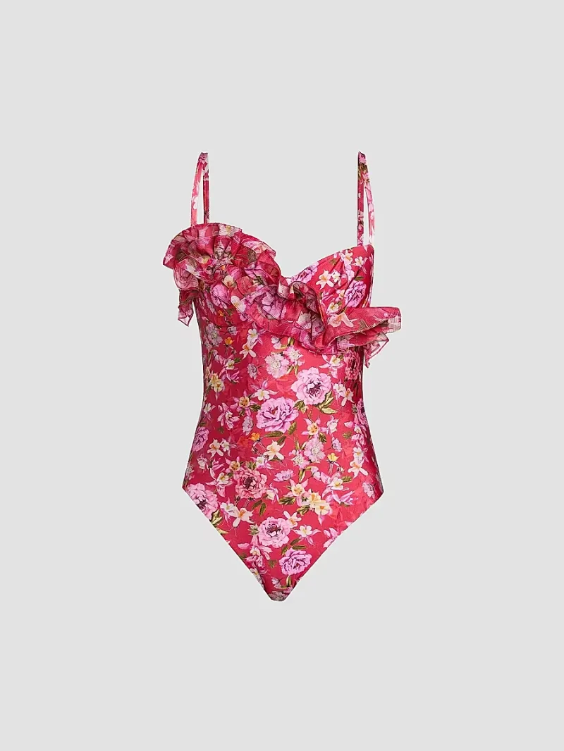 PatBO Women's Peony Print Ruffled Swimsuit - Red - Size Small