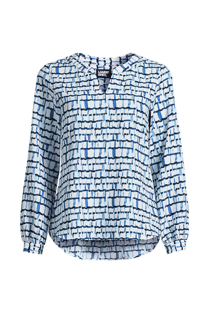 Women's Petite Shirred Long Sleeve Split Neck Blouse - Lands' End - Blue - 00