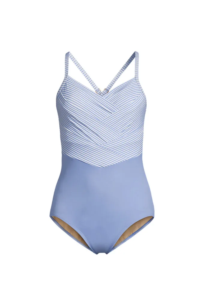 Women's New SlenderSuit Pleated Low Leg One Piece Swimsuit - Lands' End - Blue - 6
