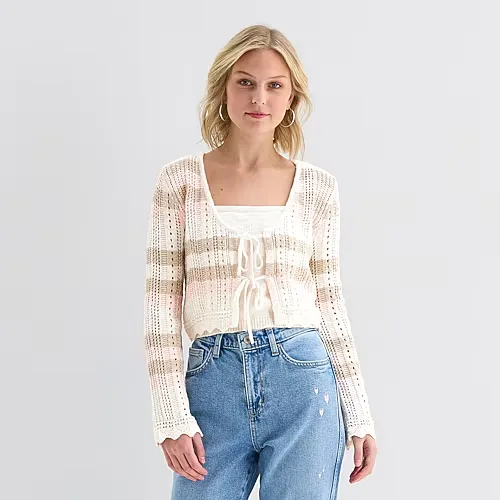 Arizona Womens Square Neck Long Sleeve Layered Sweater Juniors, Large, White