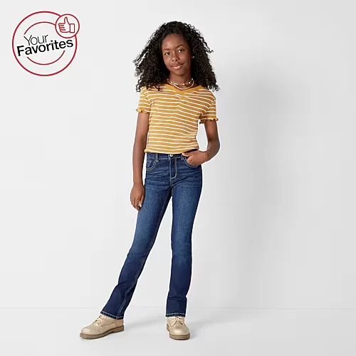 Thereabouts Little & Big Kid Girls Adjustable Waist Stretch Fabric Superflex Mid Rise Regular Fit Bootcut Jean, 10, Blue