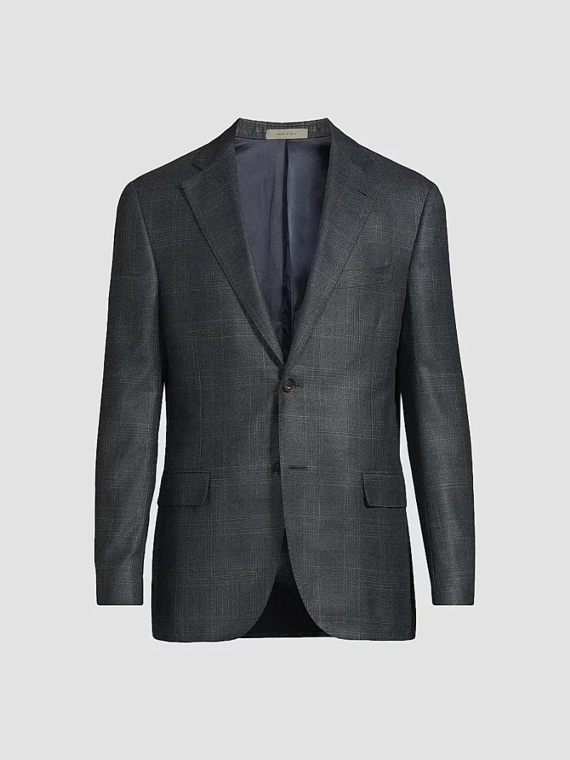 Corneliani Men's Plaid Silk-Cashmere Sport Coat - Navy Natural - Size 40