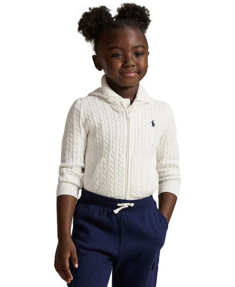 Polo Ralph Lauren Toddler and Little Girls Mini-Cable Cotton Full-Zip Hoodie - Optic White