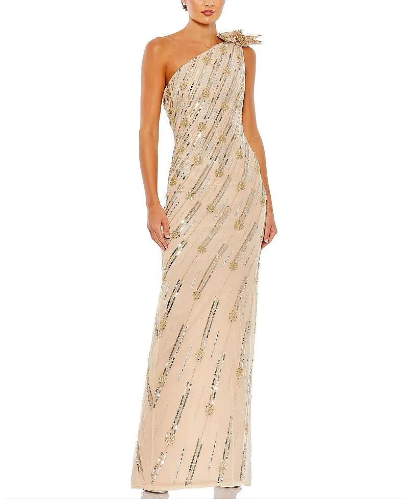 Mac Duggal Embellished Floral Detail One Shoulder Gown