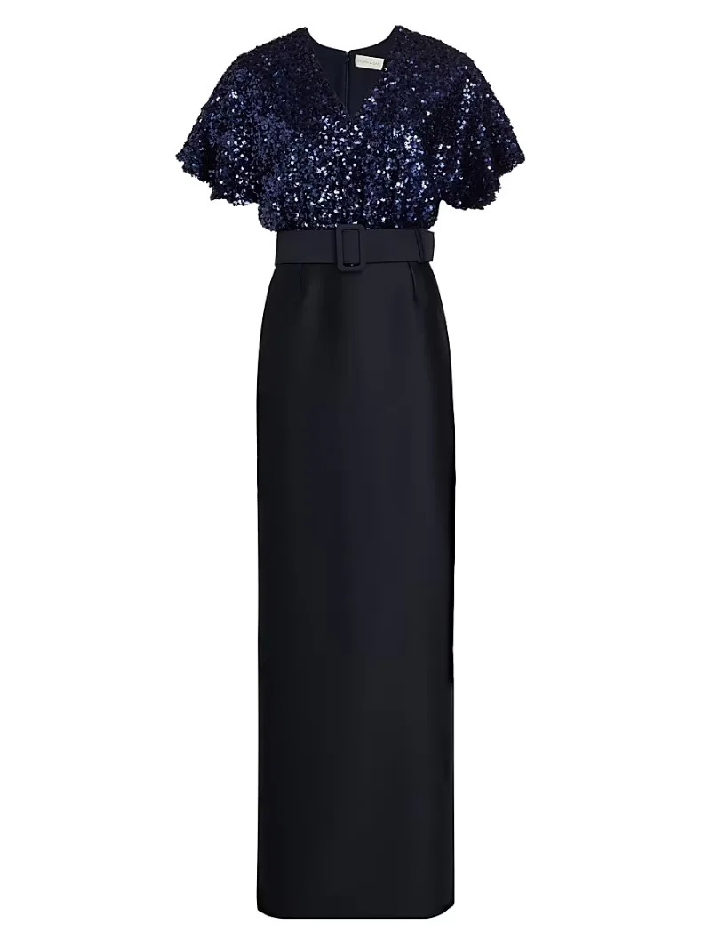 SACHIN BABI Women's Marlene Sequin-Embellished Belted Gown - Midnight - Size 12