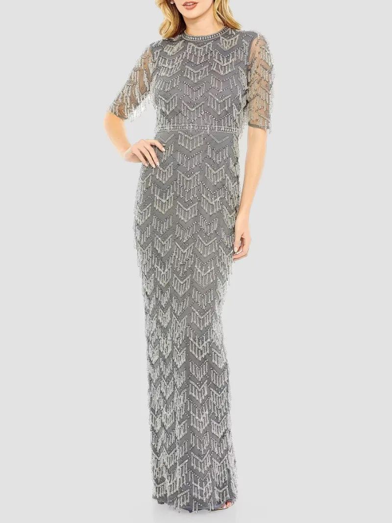 Mac Duggal Women's Beaded Fringe Column Gown - Charcoal - Size 18
