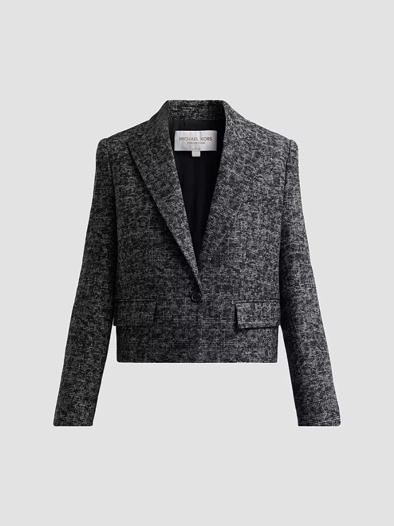 Michael Kors Collection Women's Smudged Glen Check One-Button Cutoff Blazer - Black Ivory - Size 10