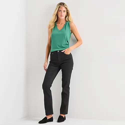 St. John's Bay Womens Mid Rise Secretly Slender Straight Leg Jean, 8 Short, Black
