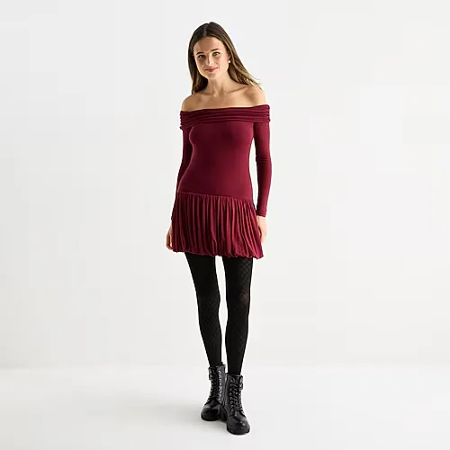 Arizona Womens Juniors Straight Neck Long Sleeve Off the Shoulder Fit + Flare Dress, X-large, Red