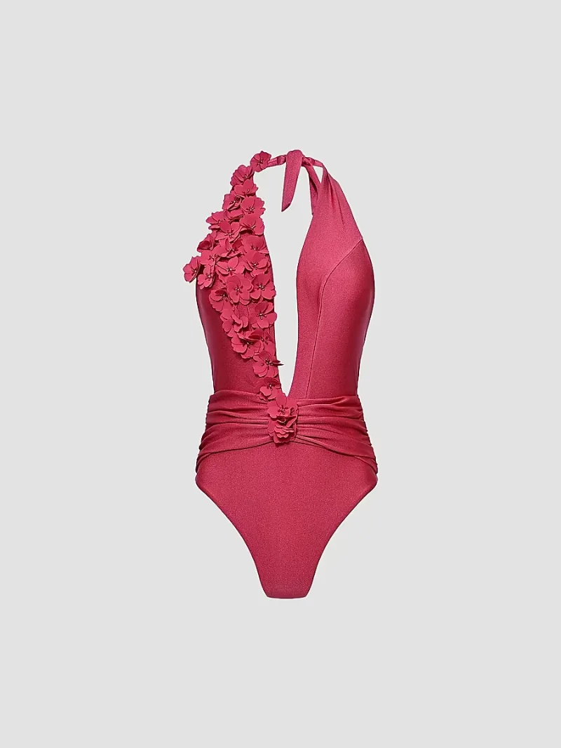 PatBO Women's Sunstone Plunge One-Piece Swimsuit - Dark Pink - Size Large
