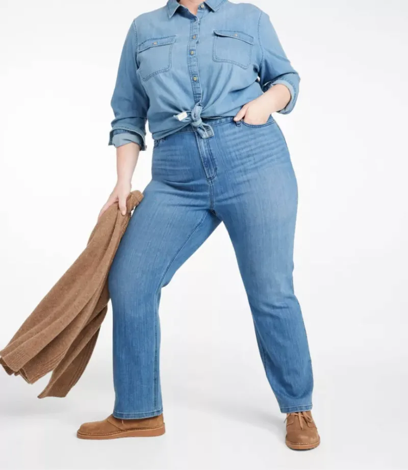 L.L.Bean Women's BeanFlex Jeans, Mid-Rise Straight-Leg Bright Indigo 18W, Denim/Leather L. L.Bean