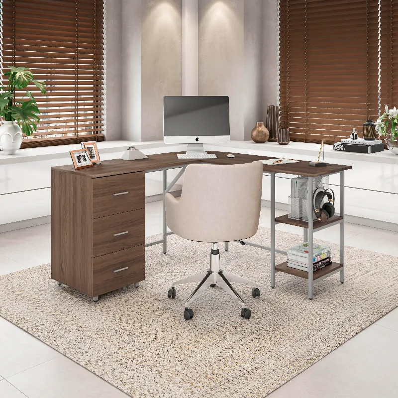 Ashley Techni Mobili L-Shaped Desk with Storage, Walnut