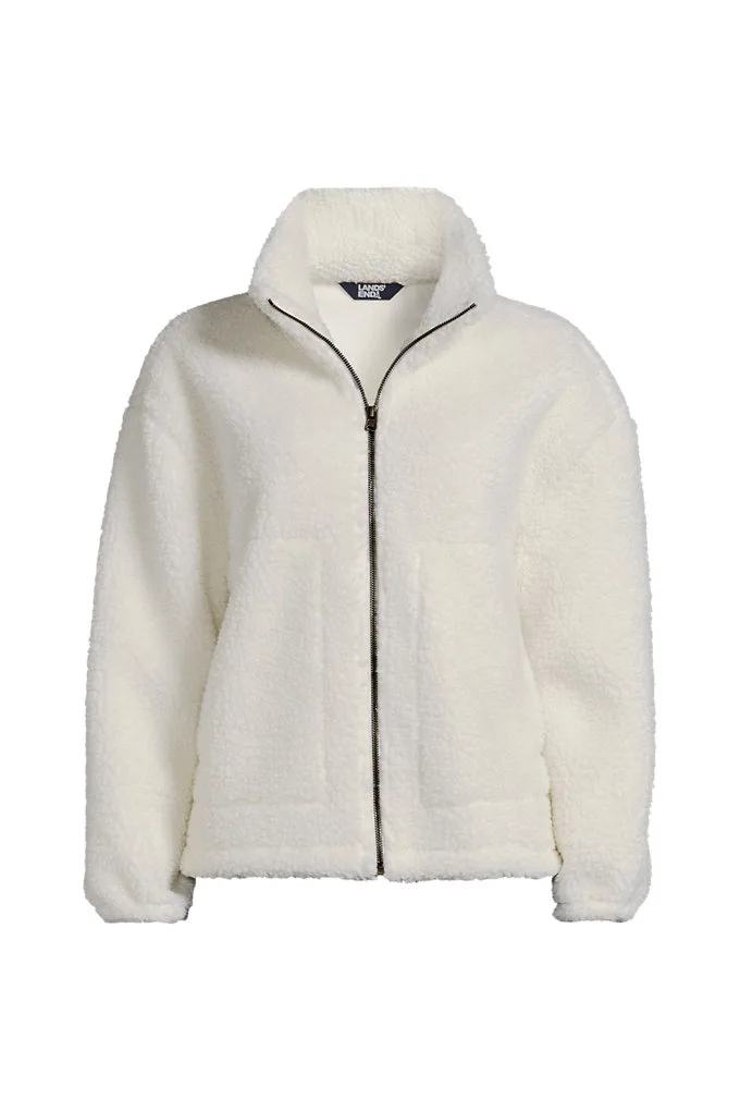 Women's Plus Size Faux Shearling Zip Front Fleece Jacket - Lands' End - Ivory - 3X