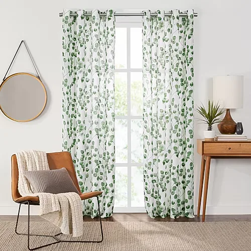 Fieldcrest Arden Botanical Leaf Cotton Grommet Top Sheer Single Curtain Panel, One Size, Green