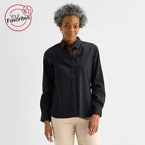 Liz Claiborne Womens Cuffed Long Sleeve Regular Fit Wrinkle Free Button-Down Shirt, Xx-large, Black