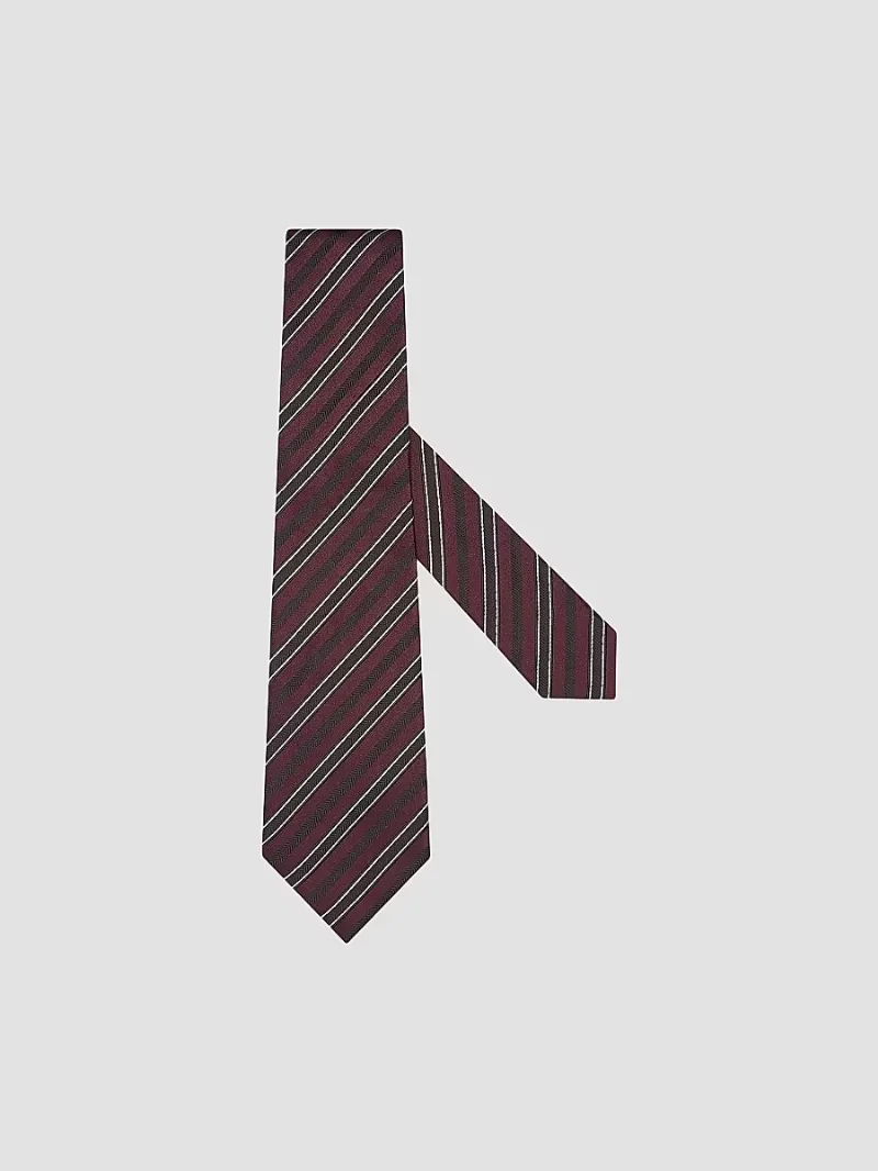 ZEGNA Men's Striped Silk and Cotton Tie - Burgundy
