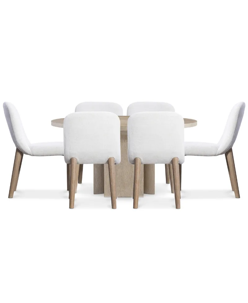 Bernhardt 7-Pc. Wood Loggia Dining Set Round Table and Side Chairs - Medium Brown, White