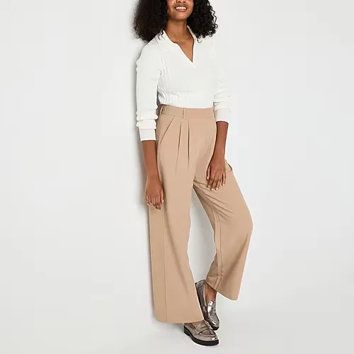 by&by Womens Juniors Wide Leg High Rise Trouser, 12, Beige